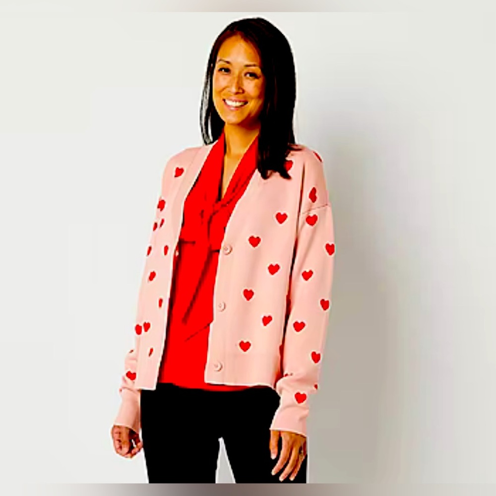 Abbott Elementary Womens V Neck Long Sleeve Hearts Cardigan Women’s Sweater